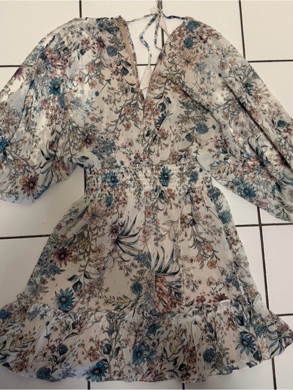 lovestitch Floral V-Neck Mini Dress in Cream, Blue, and Pink